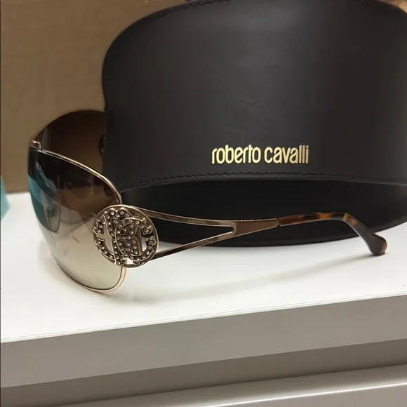 Roberto Cavalli Brown Shield Sunglasses with Crystal Detail - Picture 3 of 7